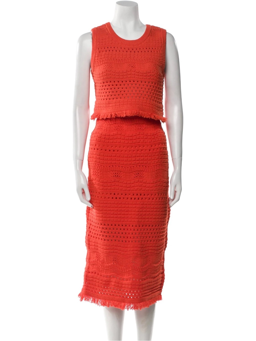 Vibrant Orange Crochet Knit Top & Midi Skirt Set